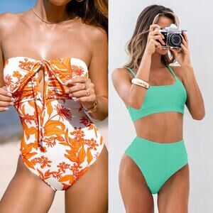 NWT Cupshe Swimsuit Bikini Top & High-Rise Bottoms - Plunging Halter BUNDLE Sz S